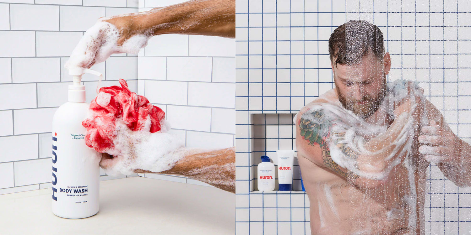 Left image shows shower gel getting pumped onto a red shower loofah. Right image shows a man lathering up with the loofah in the shower.